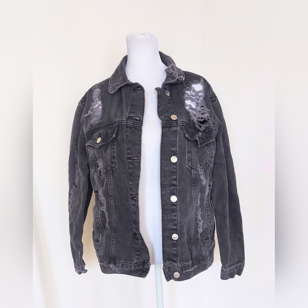 Topshop Moto Distressed Oversized Black Denim Jacket Size 6